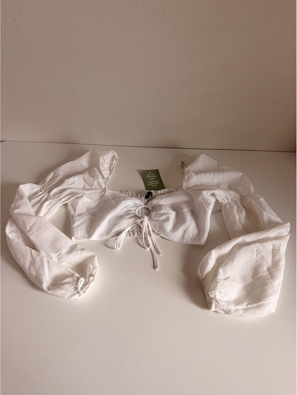 H&M Divided White Puff Sleeve Tie Front Crop Top Size Medium NWT